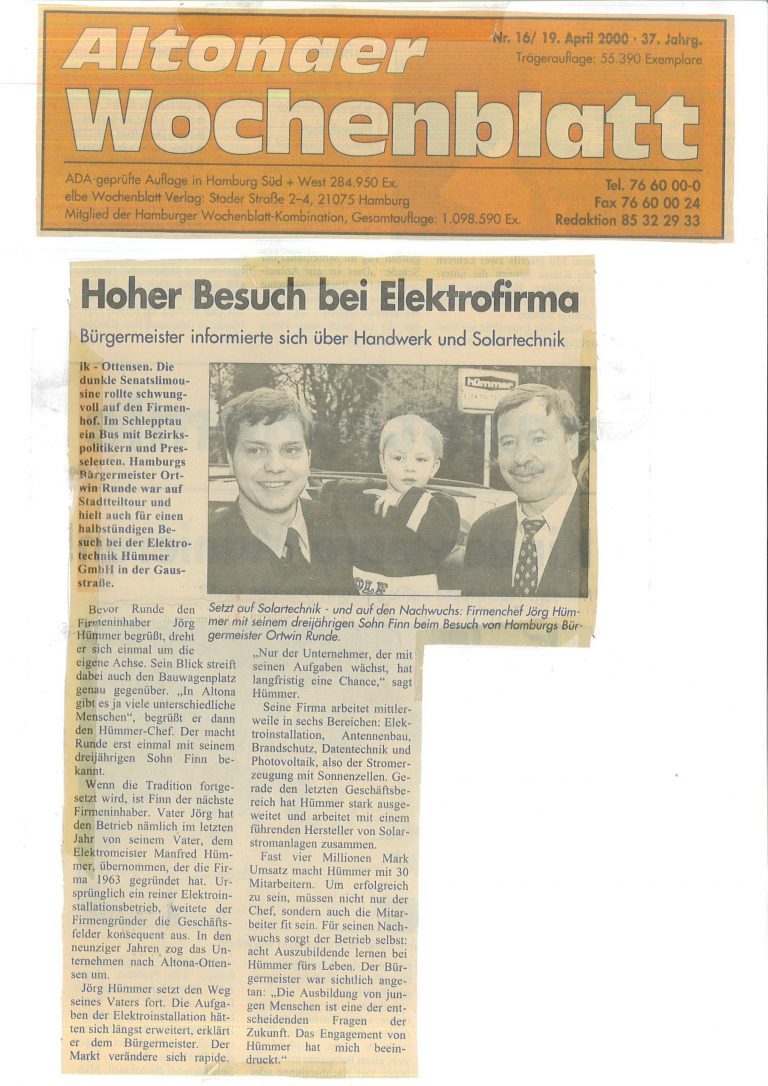 Altonaer Wochenblatt aus dem Jahr 2000 über den Besuch des Bürgermeisters Ortwin Runde bei Hümmer Elektrotechnik